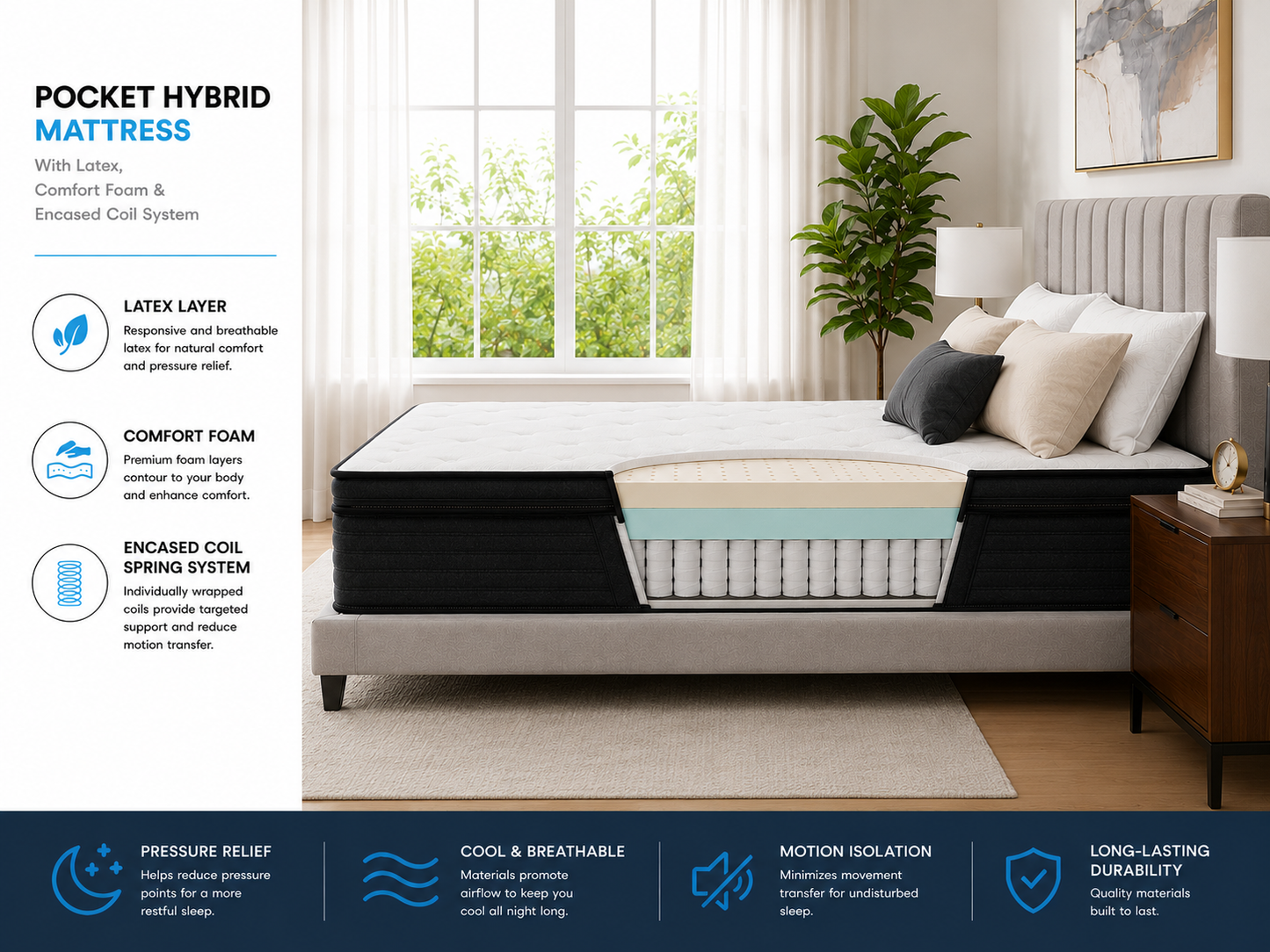 10 Inch - Hybrid Latex Mattress, Luxury Euro Top with Latex Comfort Foam & Individually Wrapped Pocket Coils | Cooling Support, Pressure Relief & Motion Isolation  | Mattress in a Box