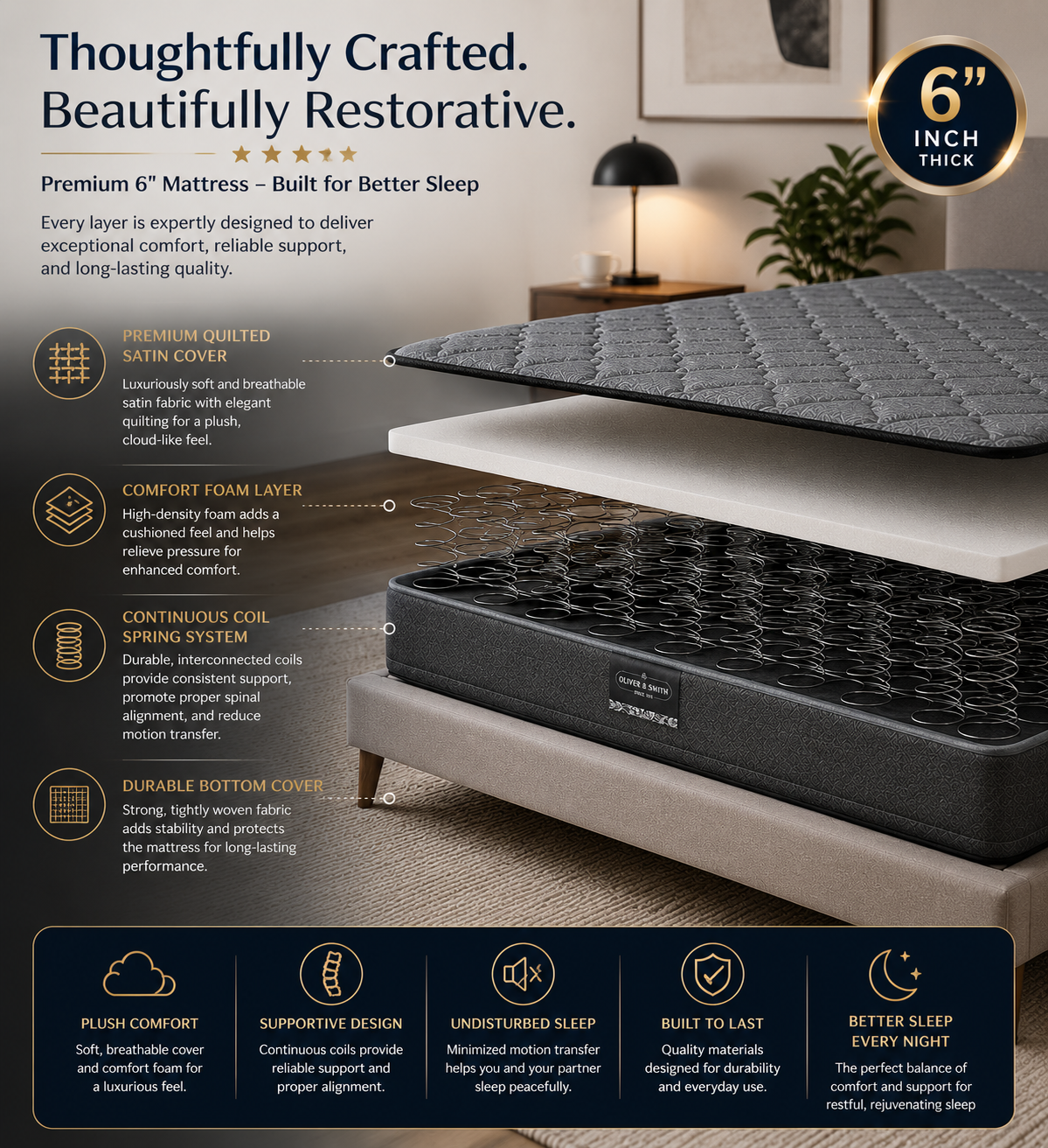 Black 6 Inch Twin Mattress in a Box - Continuous Coil Spring System & High Density Foam | Medium Firm Support | Pressure Relief | Spine Alignment | Twin Size 38x75 | For Adults, Teens, Kids Guest Room
