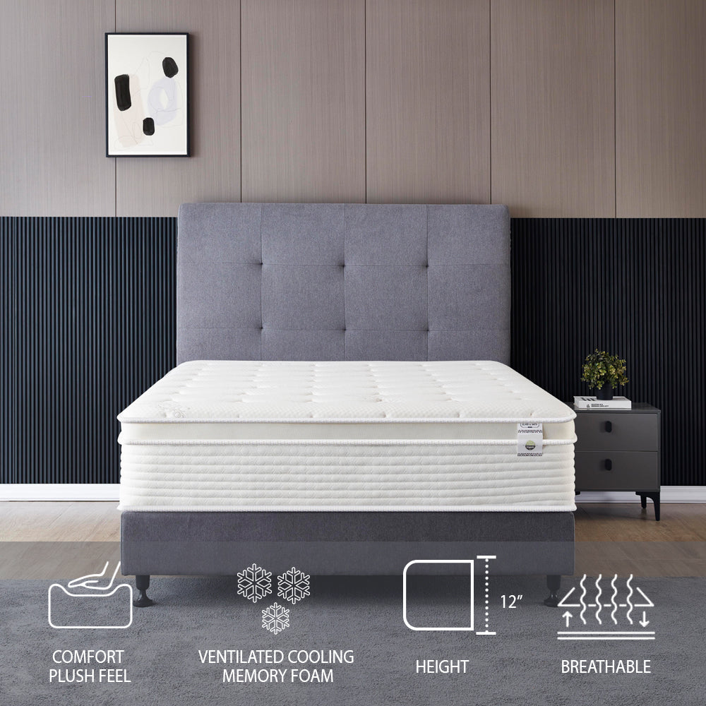 THE LUX - 12" - MEDIUM - Cool Memory Foam Encased Spring Mattress - Organic Cotton Mattress